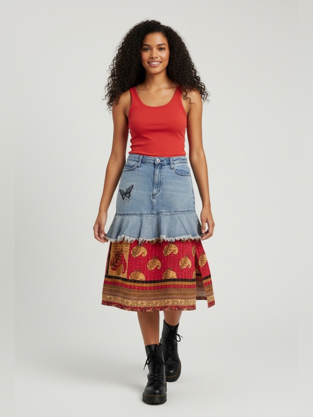 Upcycled Denim Midi Skirt Patchwork Kantha Boho Festival Wearable Art
